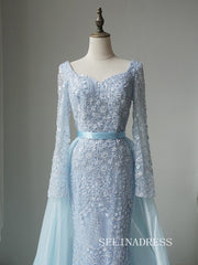 Luxury Mermaid Light Sky Blue Long Prom Dress With Skirt Long Sleeve Evening Gowns CRN022|Selinadress