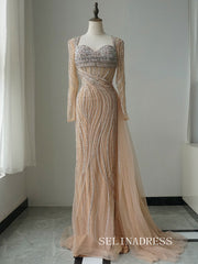 Luxury Mermaid Long Sleeve Beaded Long Prom Dress Elegant Evening Gowns CRN015|Selinadress