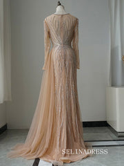 Luxury Mermaid Long Sleeve Beaded Long Prom Dress Elegant Evening Gowns CRN015|Selinadress