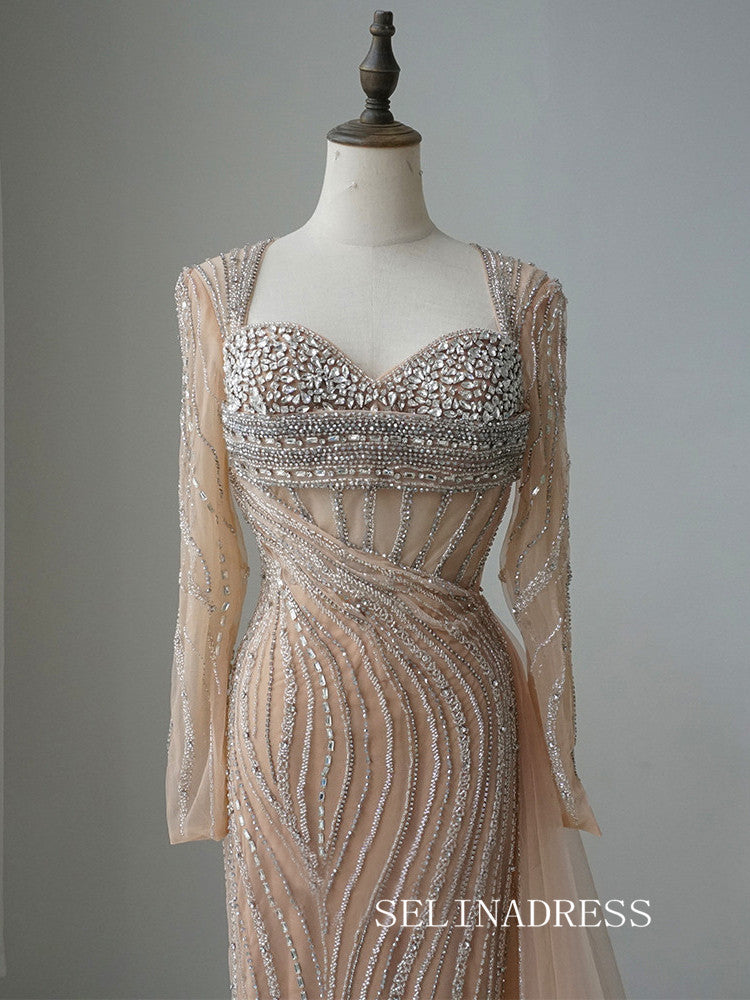 Luxury Mermaid Long Sleeve Beaded Long Prom Dress Elegant Evening Gowns CRN015|Selinadress