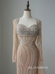 Luxury Mermaid Long Sleeve Beaded Long Prom Dress Elegant Evening Gowns CRN015|Selinadress