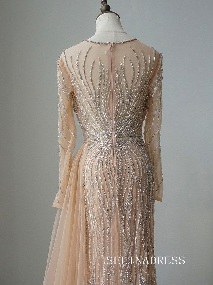 Luxury Mermaid Long Sleeve Beaded Long Prom Dress Elegant Evening Gowns CRN015|Selinadress