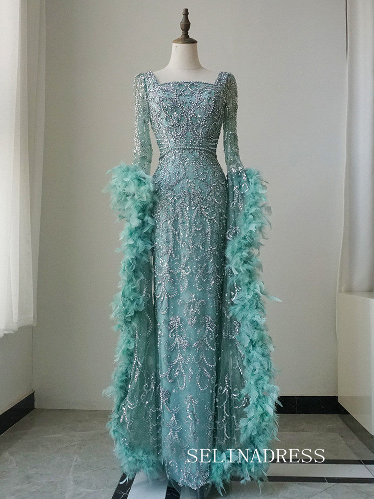 Luxury Mermaid Square Neck Long Prom Dress With Long Sleeve Evening Gowns CRN019|Selinadress