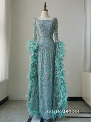 Luxury Mermaid Square Neck Long Prom Dress With Long Sleeve Evening Gowns CRN019|Selinadress