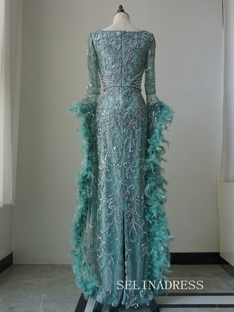 Luxury Mermaid Square Neck Long Prom Dress With Long Sleeve Evening Gowns CRN019|Selinadress