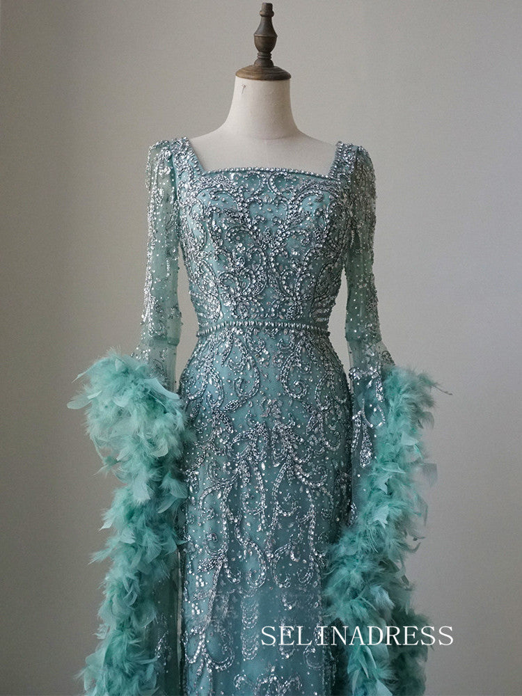 long sleeve square neck prom dress Beaded Mermaid Long Sleeve Prom Dresses Square Neck Pageant Dress 24522 Green / US6