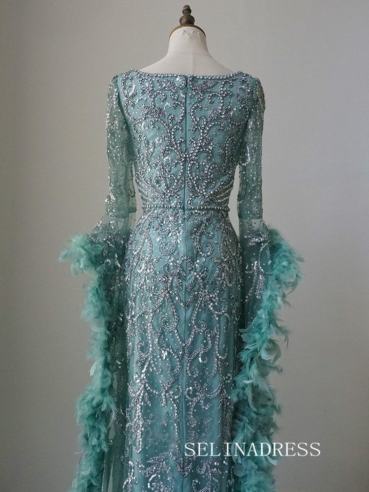 Luxury Mermaid Square Neck Long Prom Dress With Long Sleeve Evening Gowns CRN019|Selinadress