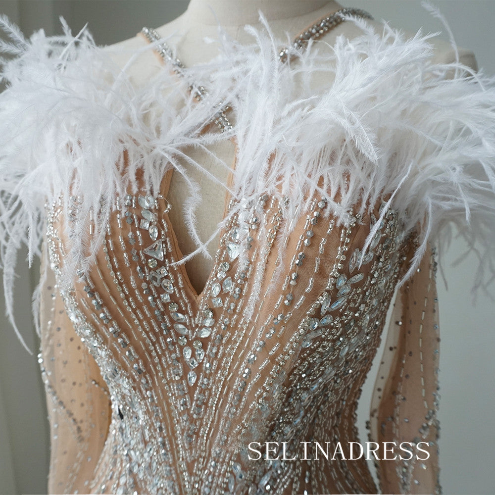 Luxury Mermaid Straps Long Prom Dress With Long Sleeve Feather Beaded Evening Gowns CRN020|Selinadress