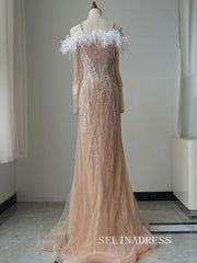 Luxury Mermaid Straps Long Prom Dress With Long Sleeve Feather Beaded Evening Gowns CRN020|Selinadress
