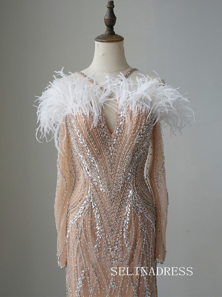 Luxury Mermaid Straps Long Prom Dress With Long Sleeve Feather Beaded Evening Gowns CRN020|Selinadress