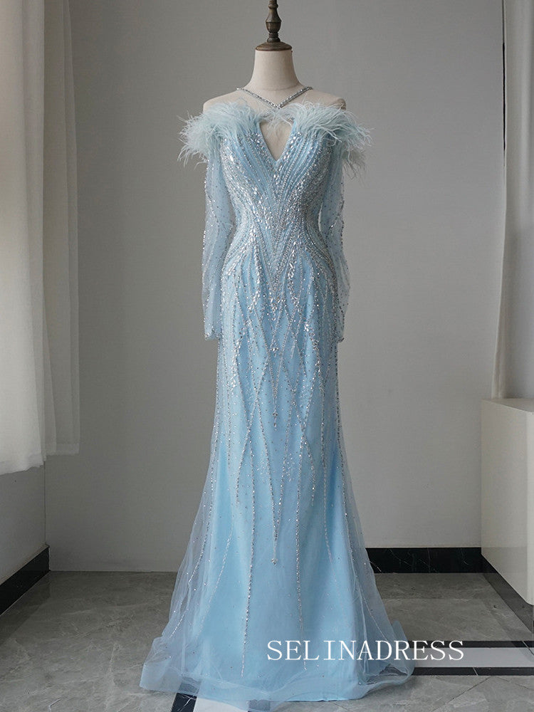 Luxury Mermaid Straps Long Prom Dress With Long Sleeve Feather Beaded Evening Gowns CRN020|Selinadress