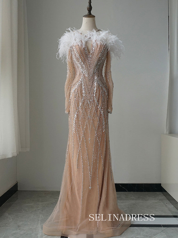 Luxury Mermaid Straps Long Prom Dress With Long Sleeve Feather Beaded Evening Gowns CRN020|Selinadress