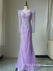 Luxury Mermaid V neck Long Prom Dress Beaded Long Sleeve Evening Gowns CRN008|Selinadress