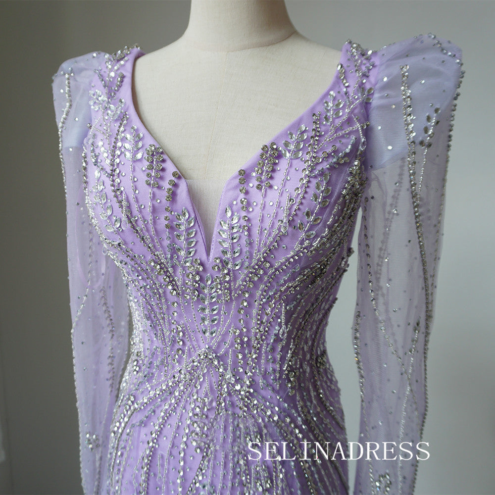 Luxury Mermaid V neck Long Prom Dress Beaded Long Sleeve Evening Gowns CRN008|Selinadress