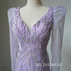 Luxury Mermaid V neck Long Prom Dress Beaded Long Sleeve Evening Gowns CRN008|Selinadress