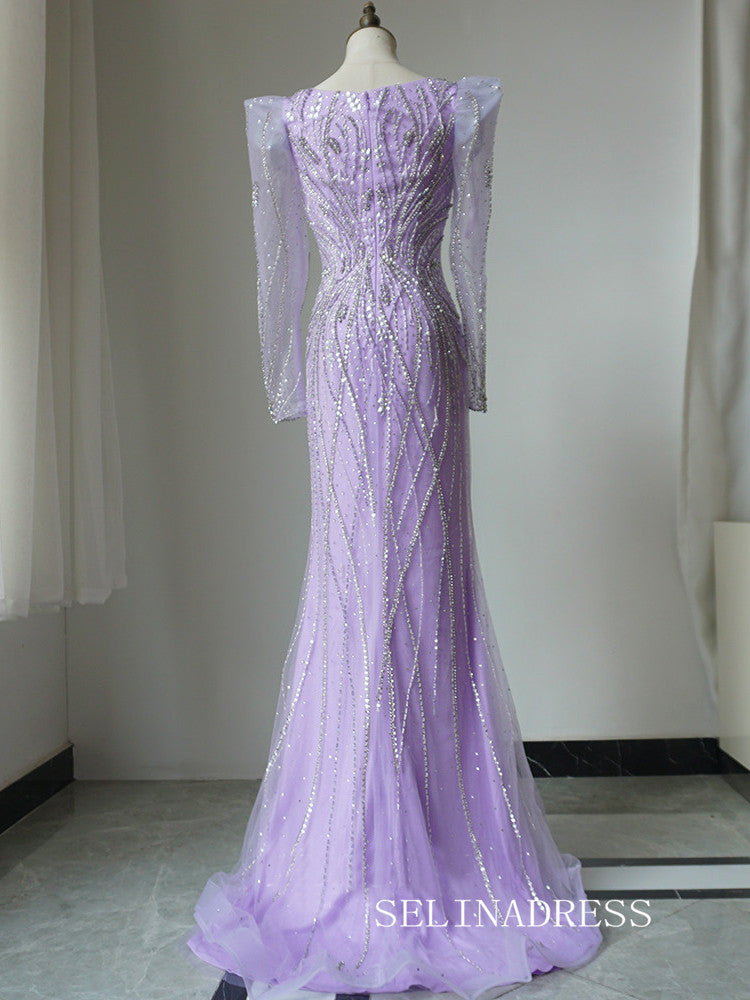 Luxury Mermaid V neck Long Prom Dress Beaded Long Sleeve Evening Gowns CRN008|Selinadress