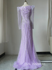 Luxury Mermaid V neck Long Prom Dress Beaded Long Sleeve Evening Gowns CRN008|Selinadress