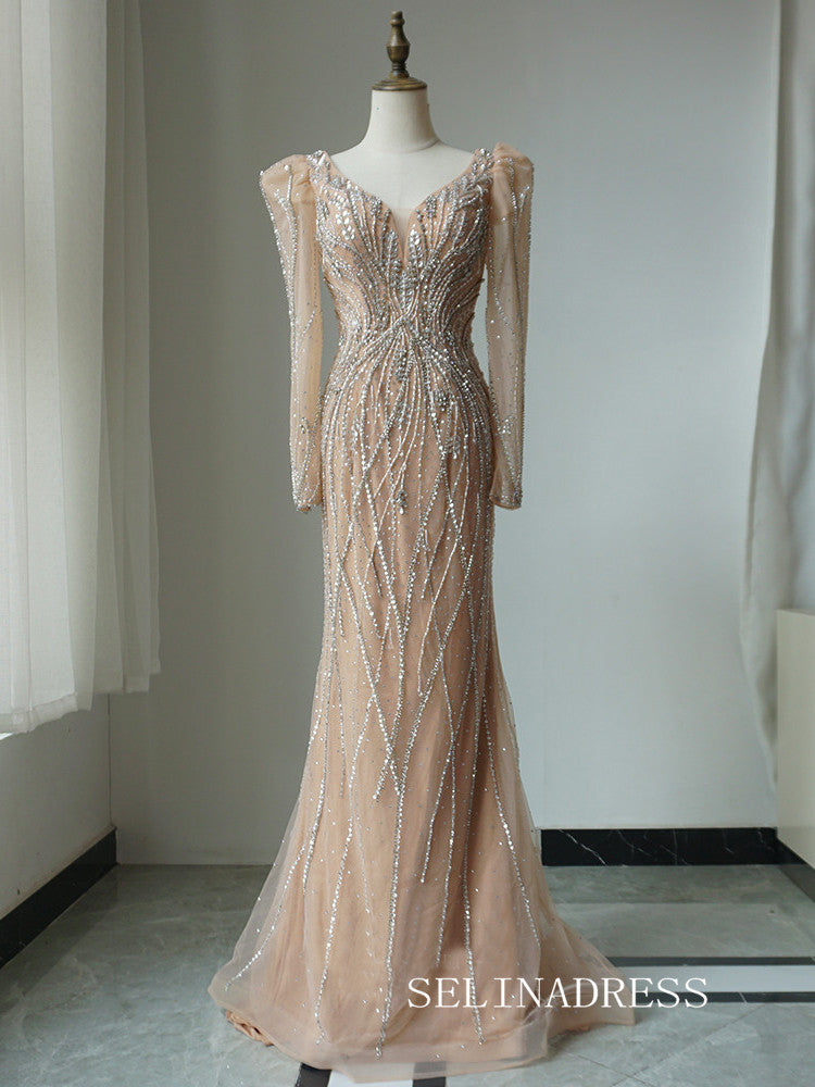 Luxury Mermaid V neck Long Prom Dress Beaded Long Sleeve Evening Gowns CRN008|Selinadress