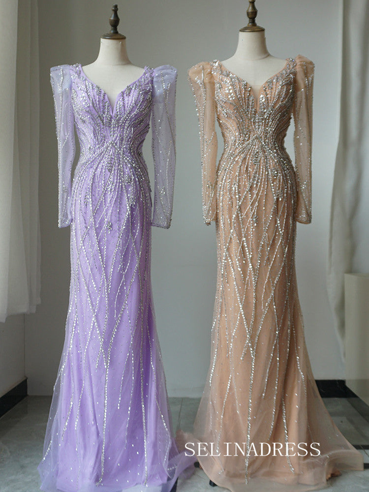 Luxury Mermaid V neck Long Prom Dress Beaded Long Sleeve Evening Gowns CRN008|Selinadress
