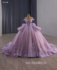 Luxury Off-the-shoulder Ball Gown Lilac Lace Long Prom Dress Quincess Dress 241110B|Selinadress