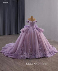 Luxury Off-the-shoulder Ball Gown Lilac Lace Long Prom Dress Quincess Dress 241110B|Selinadress