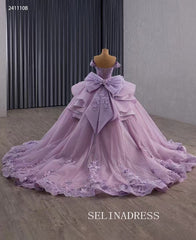 Luxury Off-the-shoulder Ball Gown Lilac Lace Long Prom Dress Quincess Dress 241110B|Selinadress