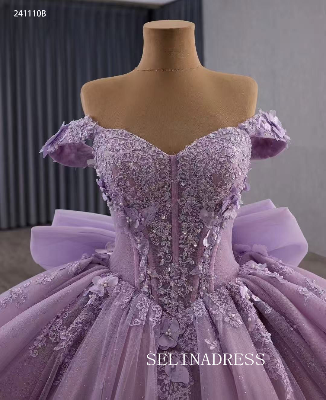 Luxury Off-the-shoulder Ball Gown Lilac Lace Long Prom Dress Quincess Dress 241110B|Selinadress