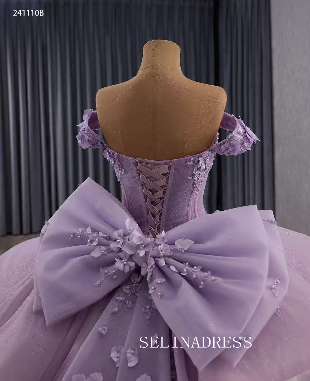 Luxury Off-the-shoulder Ball Gown Lilac Lace Long Prom Dress Quincess Dress 241110B|Selinadress