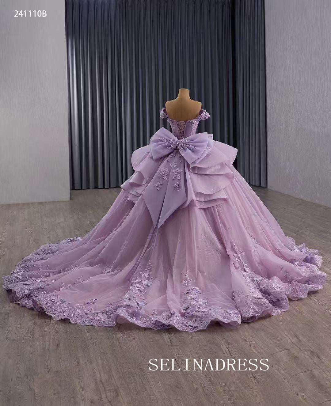 Luxury Off-the-shoulder Ball Gown Lilac Lace Long Prom Dress Quincess Dress 241110B|Selinadress