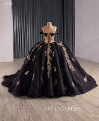 Luxury Off-the-shoulder Black Ball Gown With Removable Long Sleeves Prom Dress Quincess Dress 251063|Selinadress