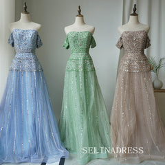 Luxury Off-the-shoulder Long Prom Dress Beaded Light Sky Blue Evening Gowns CRN009|Selinadress