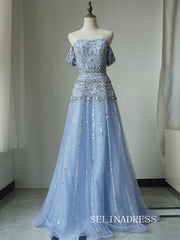Luxury Off-the-shoulder Long Prom Dress Beaded Light Sky Blue Evening Gowns CRN009|Selinadress