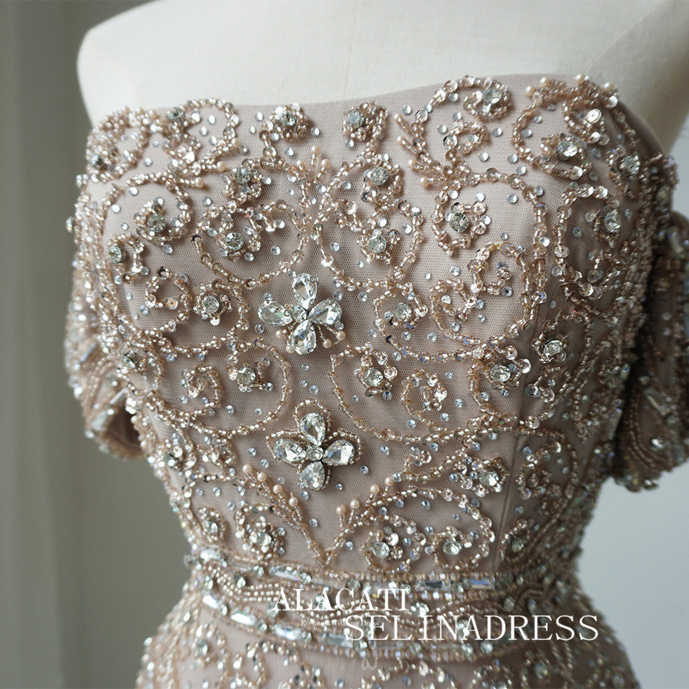 Luxury Off-the-shoulder Long Prom Dress Beaded Light Sky Blue Evening Gowns CRN009|Selinadress