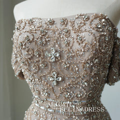 Luxury Off-the-shoulder Long Prom Dress Beaded Light Sky Blue Evening Gowns CRN009|Selinadress