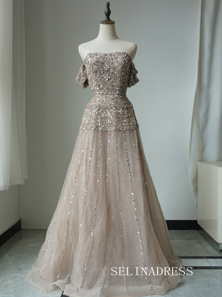 Luxury Off-the-shoulder Long Prom Dress Beaded Light Sky Blue Evening Gowns CRN009|Selinadress