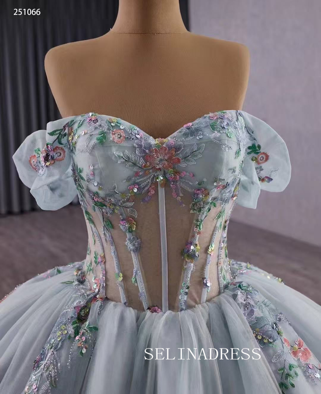 Luxury Off-the-shoulder Mint Green Ball Gown With Floral Lace Long Prom Dress Quincess Dress 251066|Selinadress