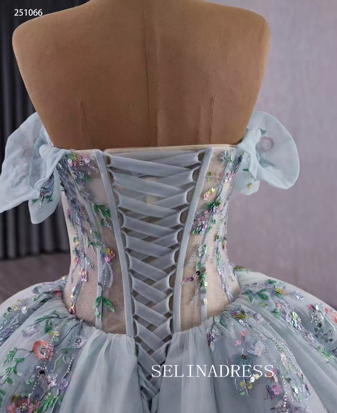 Luxury Off-the-shoulder Mint Green Ball Gown With Floral Lace Long Prom Dress Quincess Dress 251066|Selinadress