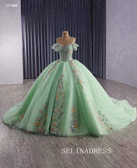 Luxury Off-the-shoulder Mint Green Ball Gown With Floral Lace Long Prom Dress Quincess Dress 251066|Selinadress