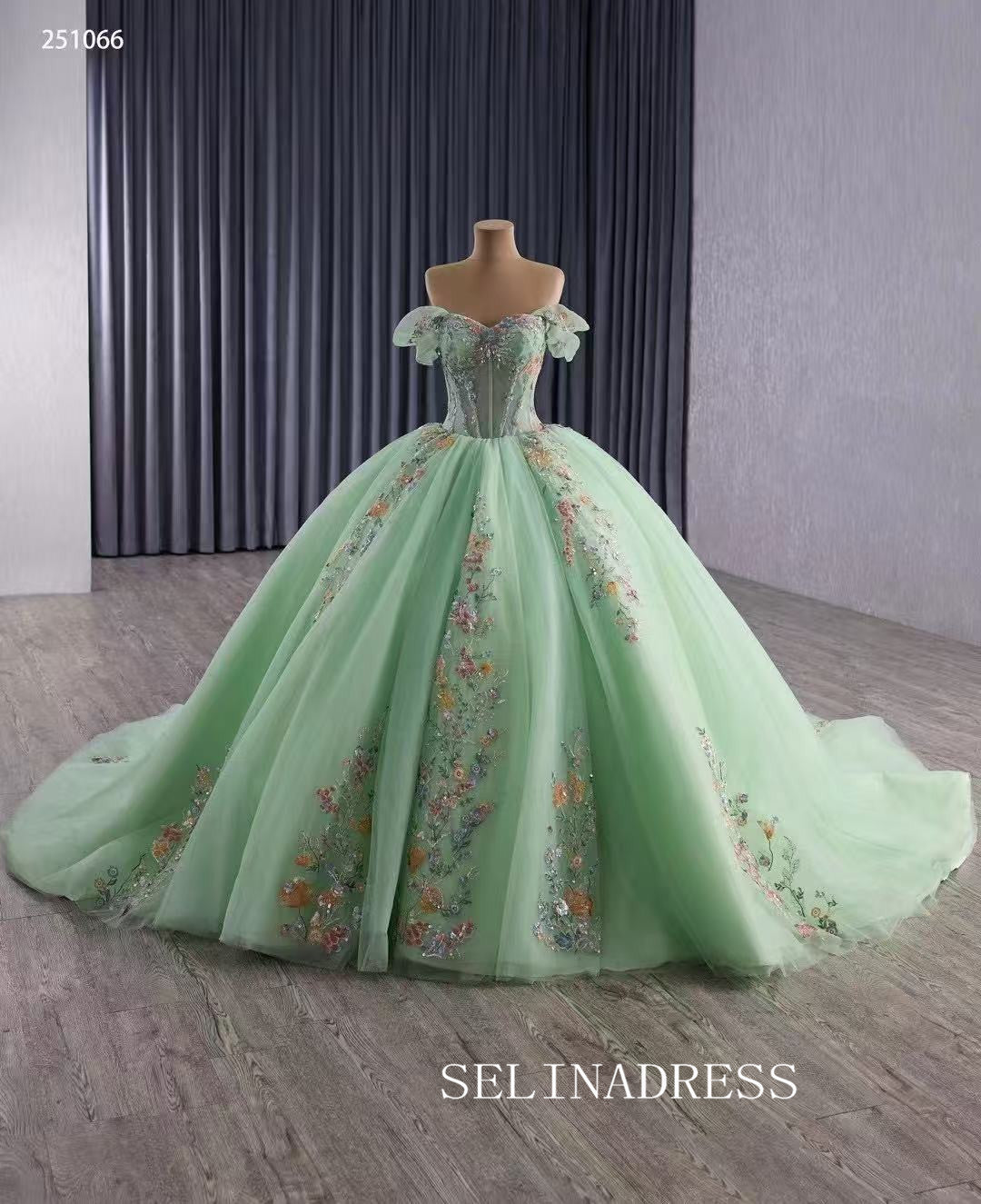 Luxury Off-the-shoulder Mint Green Ball Gown With Floral Lace Long Prom Dress Quincess Dress 251066|Selinadress
