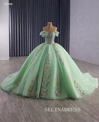 Luxury Off-the-shoulder Mint Green Ball Gown With Floral Lace Long Prom Dress Quincess Dress 251066|Selinadress