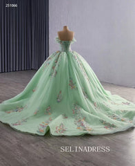 Luxury Off-the-shoulder Mint Green Ball Gown With Floral Lace Long Prom Dress Quincess Dress 251066|Selinadress