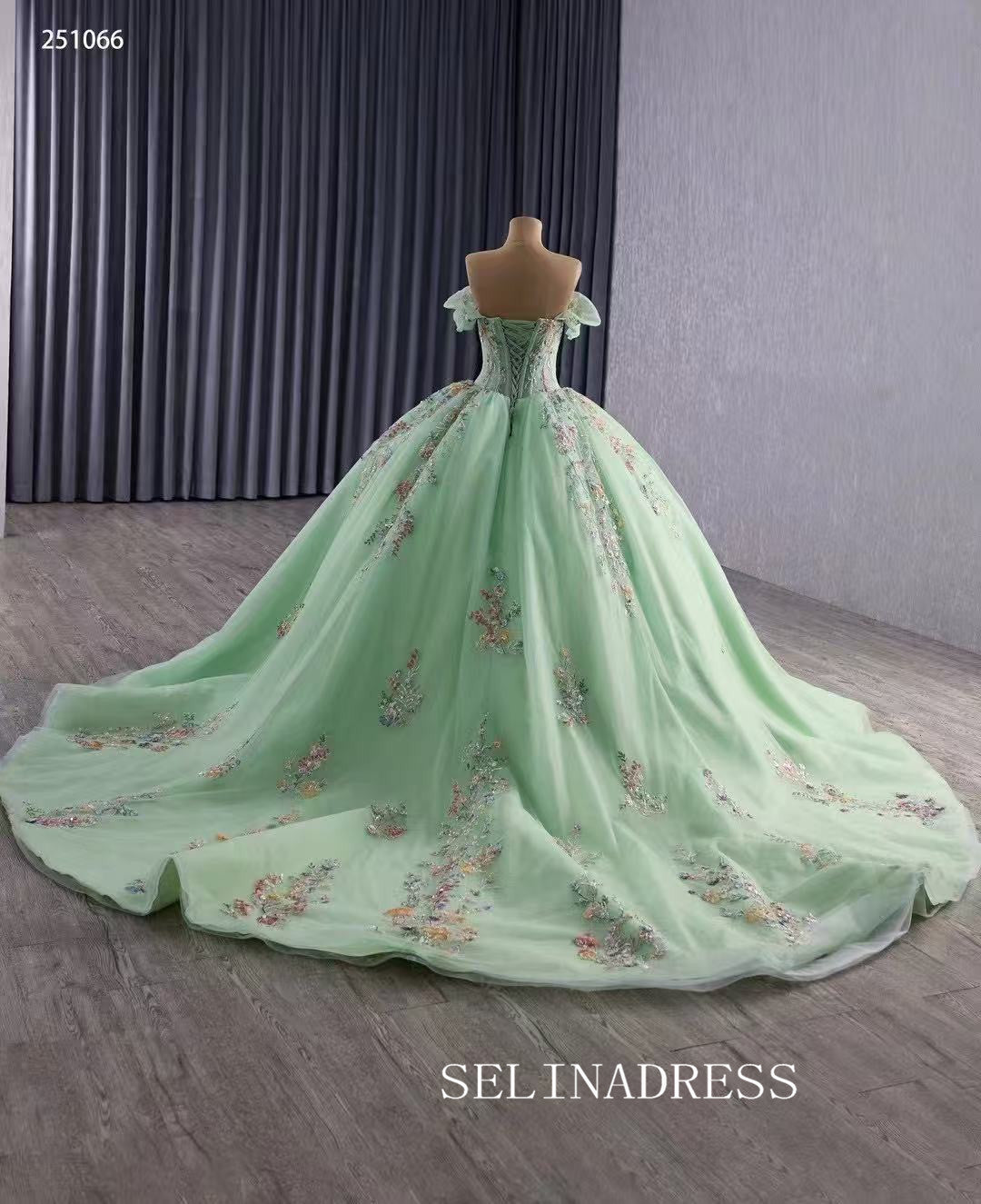 Luxury Off-the-shoulder Mint Green Ball Gown With Floral Lace Long Prom Dress Quincess Dress 251066|Selinadress