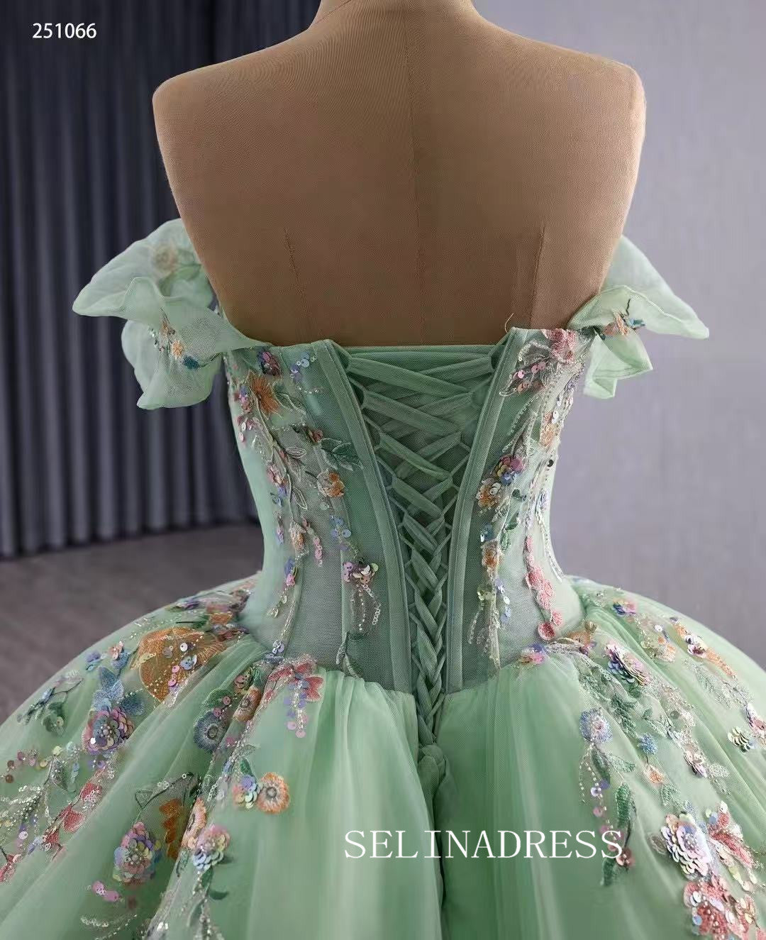 Luxury Off-the-shoulder Mint Green Ball Gown With Floral Lace Long Prom Dress Quincess Dress 251066|Selinadress