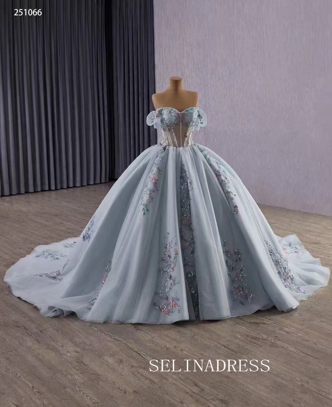 Luxury Off-the-shoulder Mint Green Ball Gown With Floral Lace Long Prom Dress Quincess Dress 251066|Selinadress