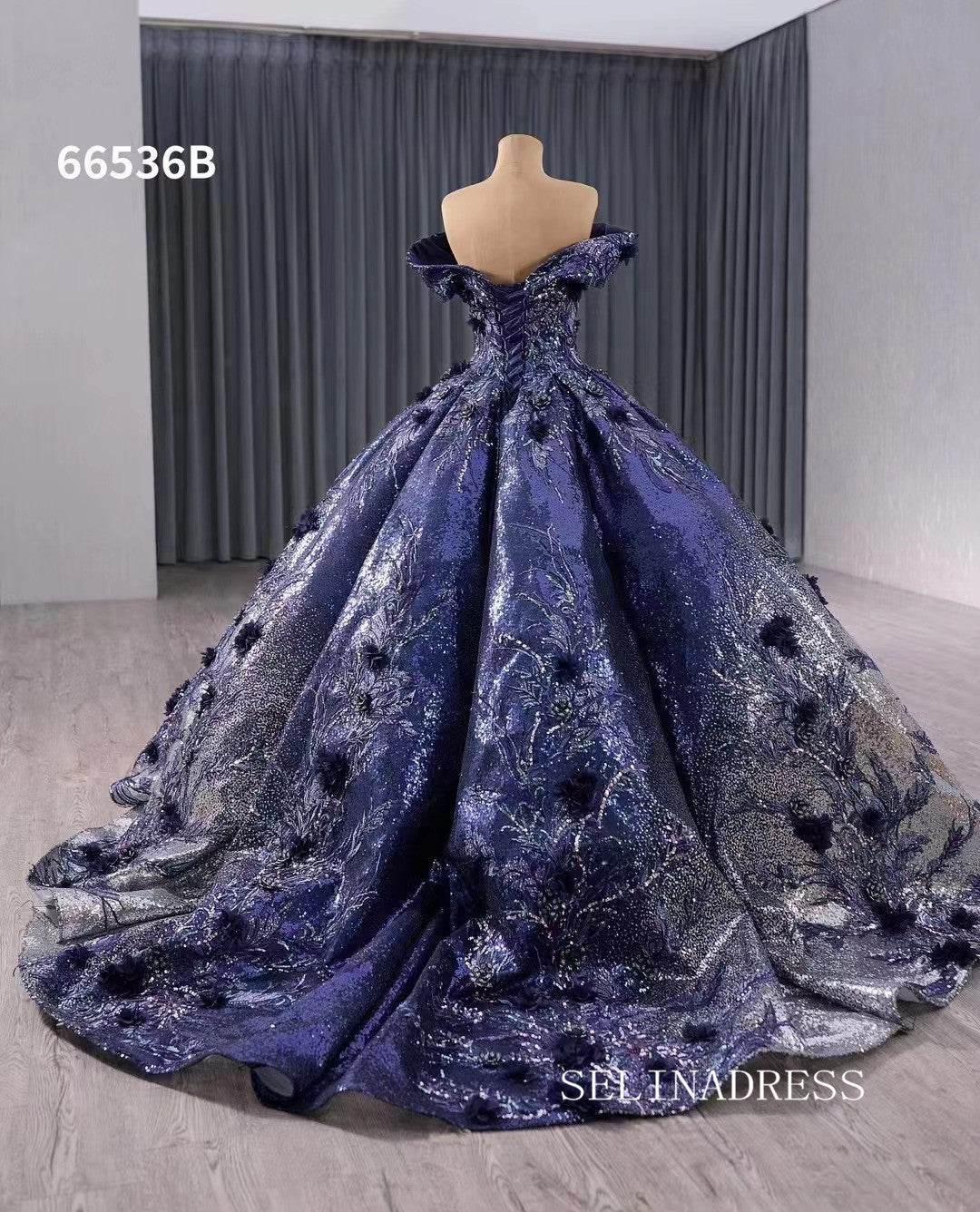 navy blue wedding dress luxury Off-the-shoulder Navy Blue Wedding Dresses Formal Gown 66536B – SELINADRESS