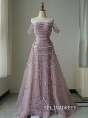 Luxury Off-the-shoulder Pink Long Prom Dress With Removable Skirt Evening Gowns CRN018|Selinadress