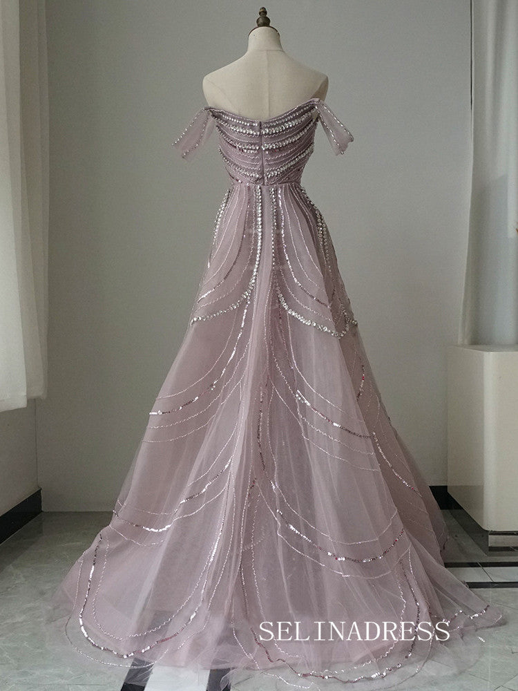 Luxury Off-the-shoulder Pink Long Prom Dress With Removable Skirt Even – SELINADRESS