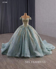Luxury Off-the-shouler Blue Ball Gown Beaded Prom Dress Quincess Dress 251108|Selinadress