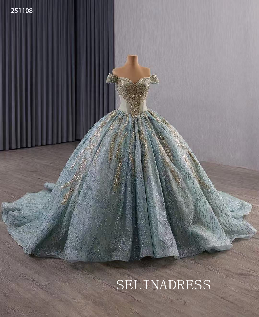 Luxury Off-the-shouler Blue Ball Gown Beaded Prom Dress Quincess Dress 251108|Selinadress