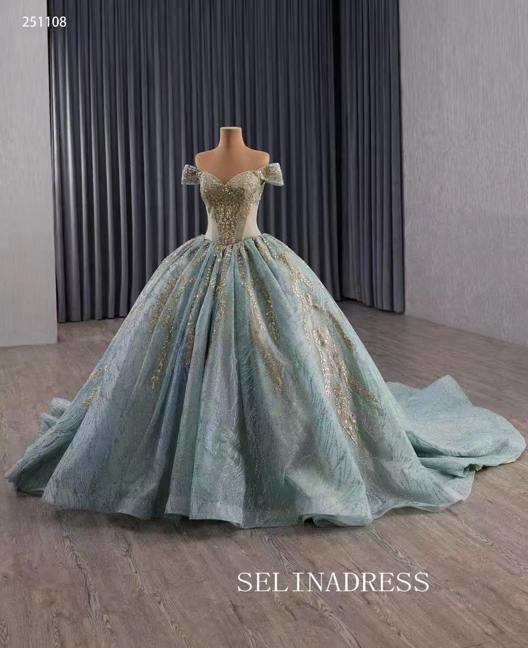 Luxury Off-the-shouler Blue Ball Gown Beaded Prom Dress Quincess Dress 251108|Selinadress